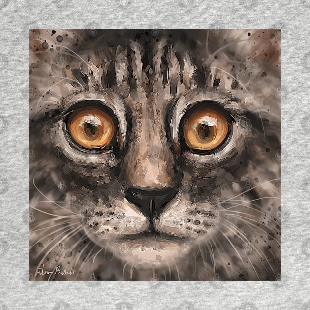 Close Up Painting of a Gray Kitten Face with It's Big Orange Eyes by ibadishi